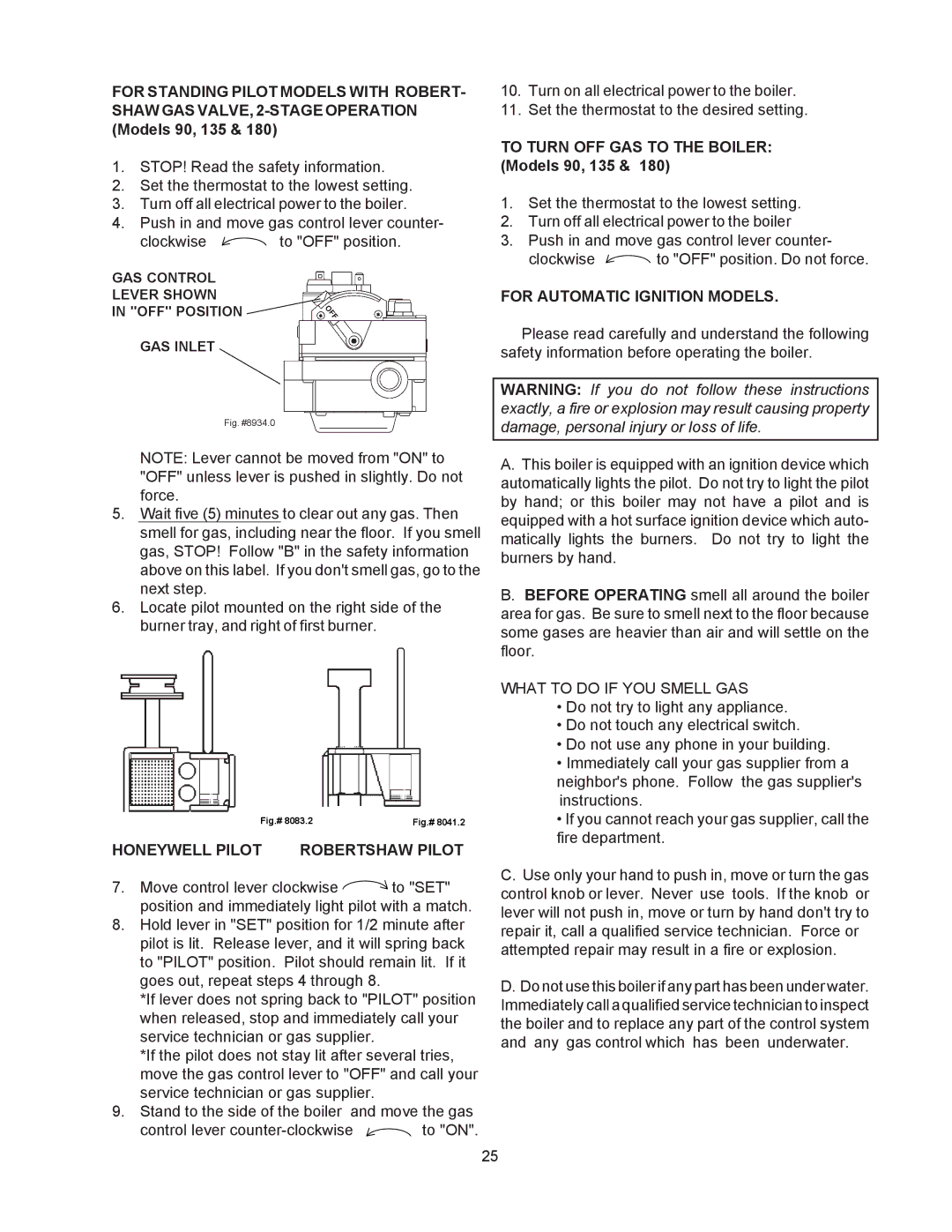 Raypak 0090B, 0030B, 0135B manual Honeywell Pilot Robertshaw Pilot, For Automatic Ignition Models 