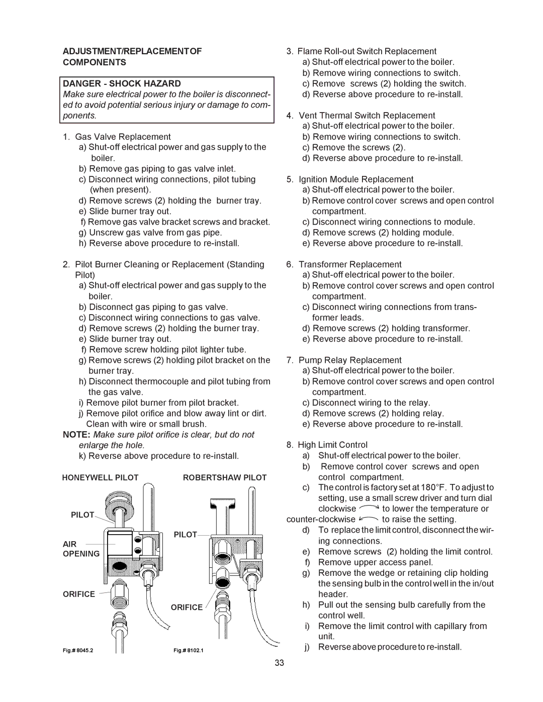 Raypak 0030B, 0090B, 0135B manual ADJUSTMENT/REPLACEMENTOF Components, Fig.# 