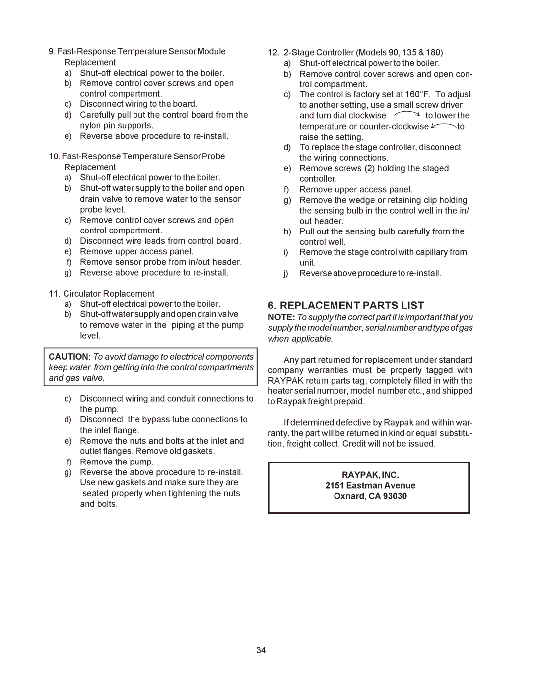 Raypak 0090B, 0030B, 0135B manual Replacement Parts List, Raypak, Inc 