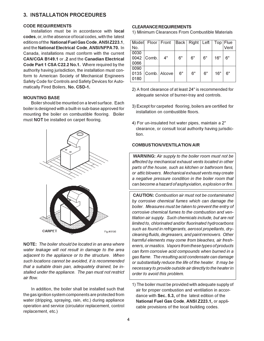 Raypak 0090B Installation Procedures, Code Requirements, Mounting Base, Clearancerequirements, Combustion/Ventilation Air 