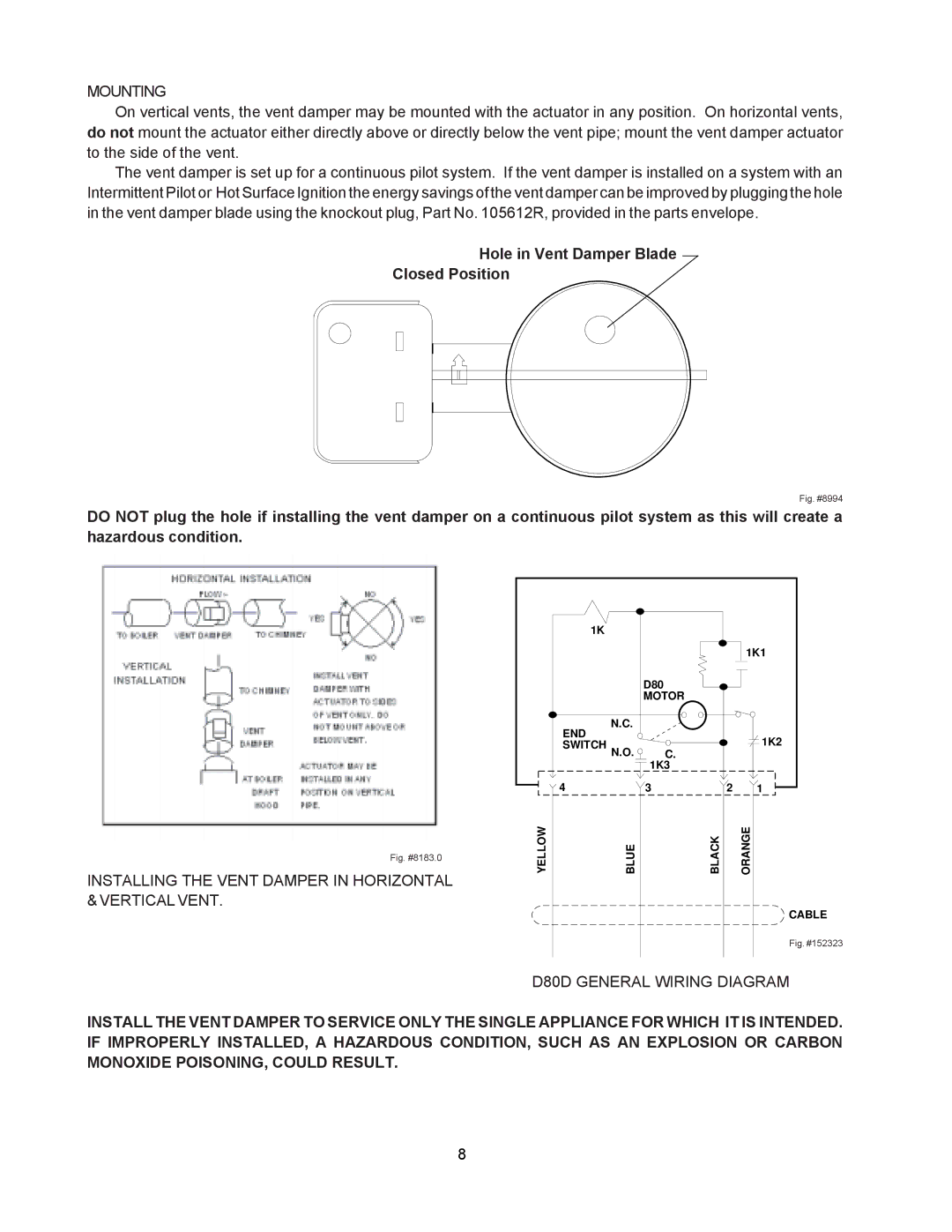 Raypak 0135B, 0030B, 0090B Mounting, Installing the Vent Damper in Horizontal & Vertical Vent, D80D General Wiring Diagram 