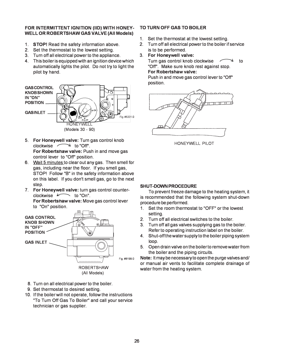 Raypak 0135B, 0030B, 0090B manual To Turn Off Gas To Boiler, For Honeywell valve, For Robertshaw valve, Shut-Downprocedure 