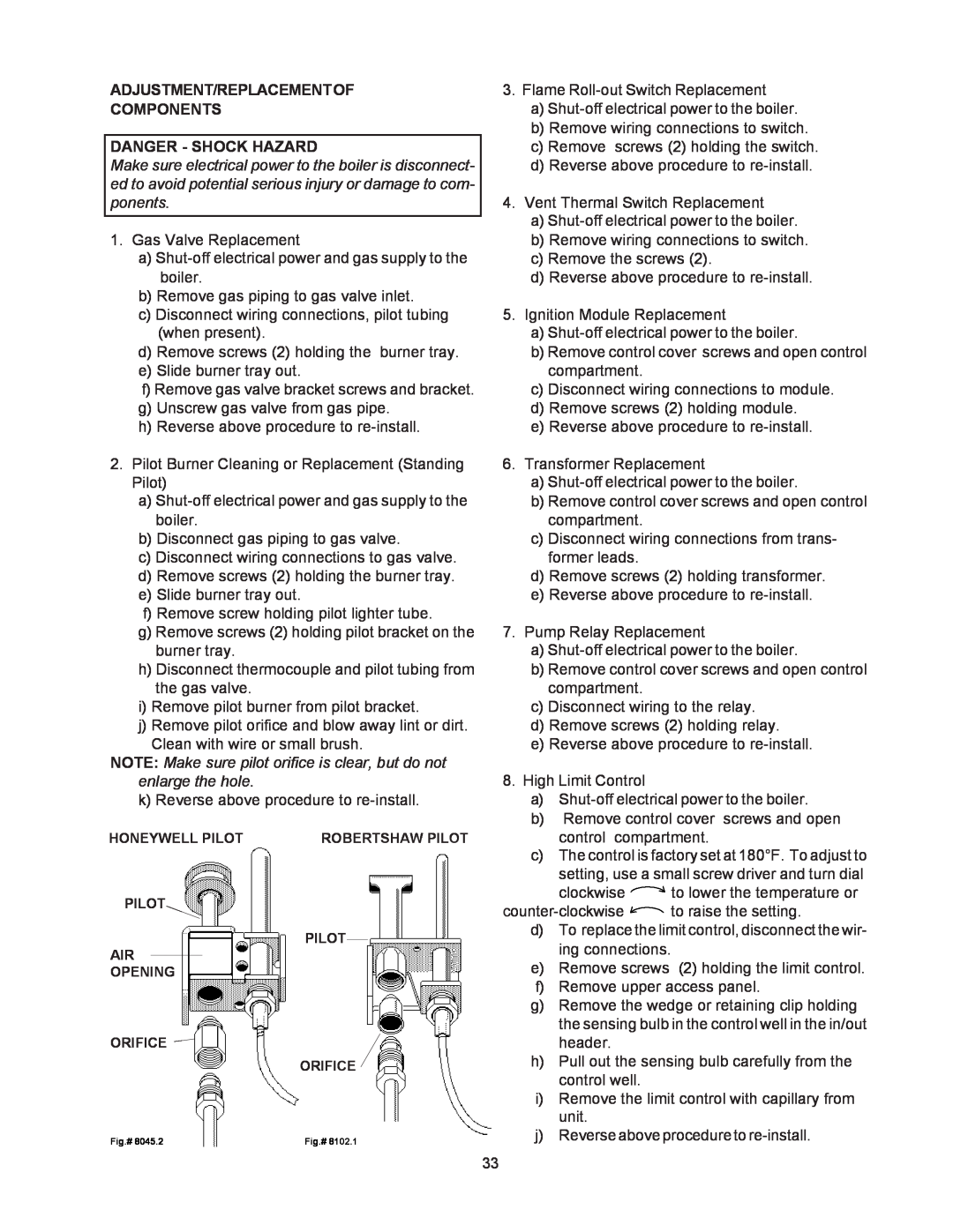 Raypak 0030B, 0090B, 0135B manual Adjustment/Replacementof Components, Danger - Shock Hazard 
