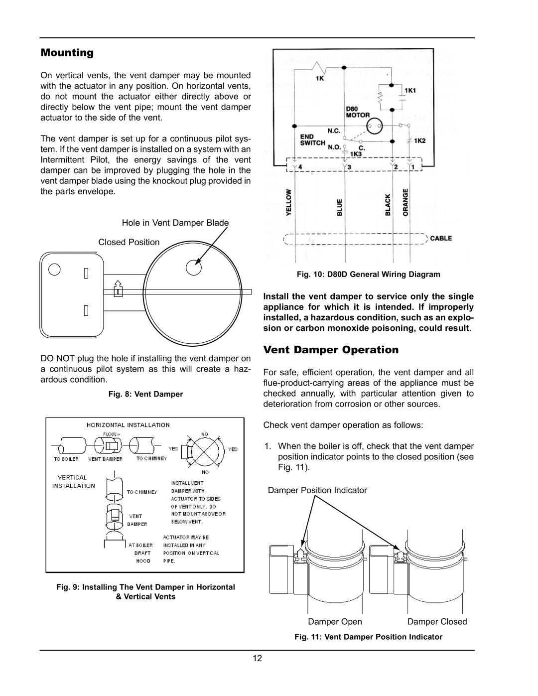 Raypak 0066B, 0180B, 0042B manual Mounting, Vent Damper Operation 