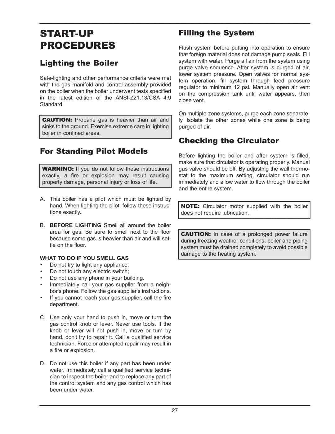 Raypak 0066B, 0180B, 0042B manual START-UP Procedures, Lighting the Boiler, For Standing Pilot Models, Filling the System 