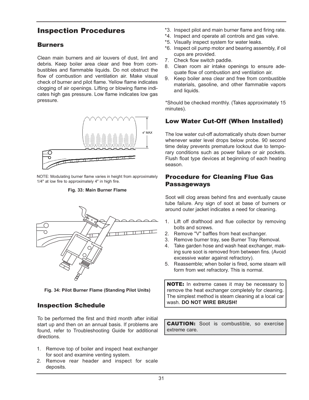 Raypak 0180B, 0066B, 0042B manual Inspection Procedures, Burners, Inspection Schedule, Low Water Cut-Off When Installed 