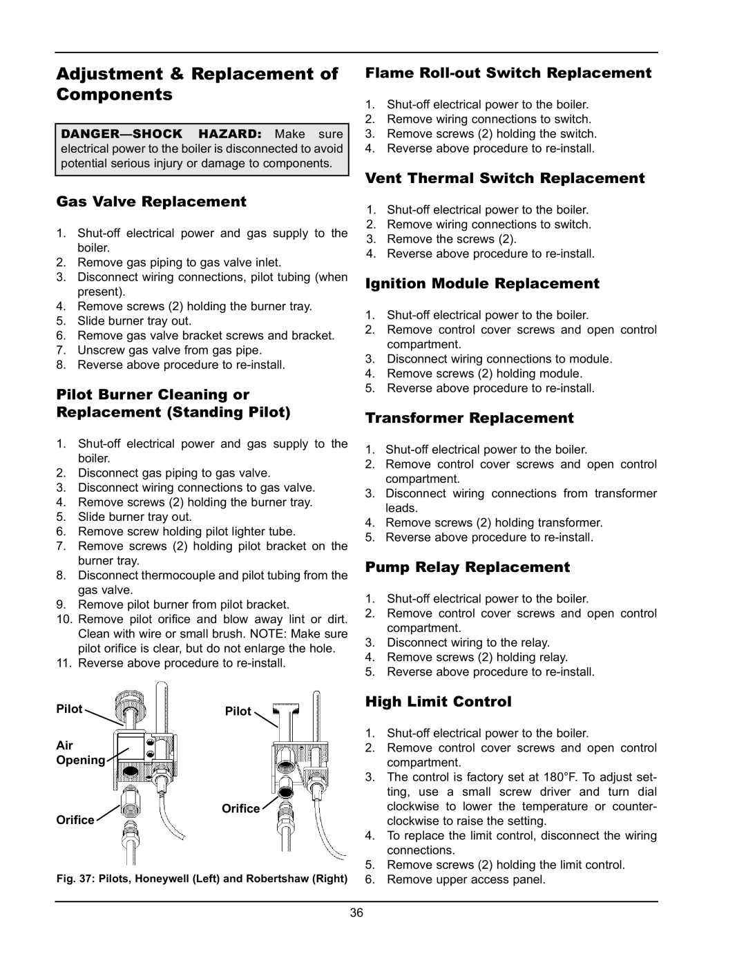 Raypak 0066B, 0180B, 0042B manual Adjustment & Replacement of Components 