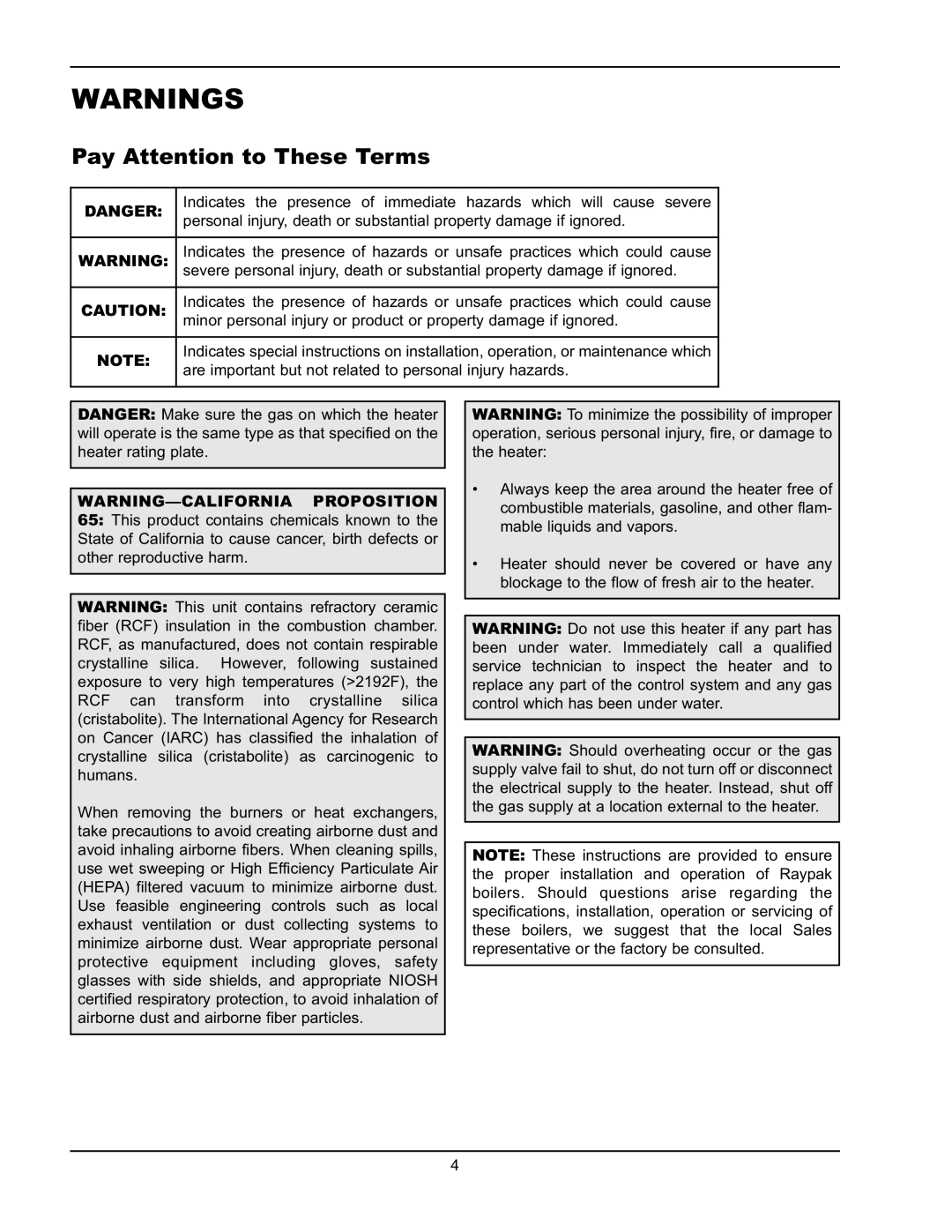 Raypak 0180B, 0066B, 0042B manual Pay Attention to These Terms, Proposition 