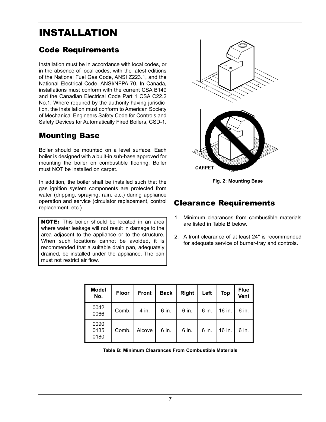 Raypak 0180B, 0066B, 0042B manual Installation, Code Requirements, Mounting Base, Clearance Requirements 