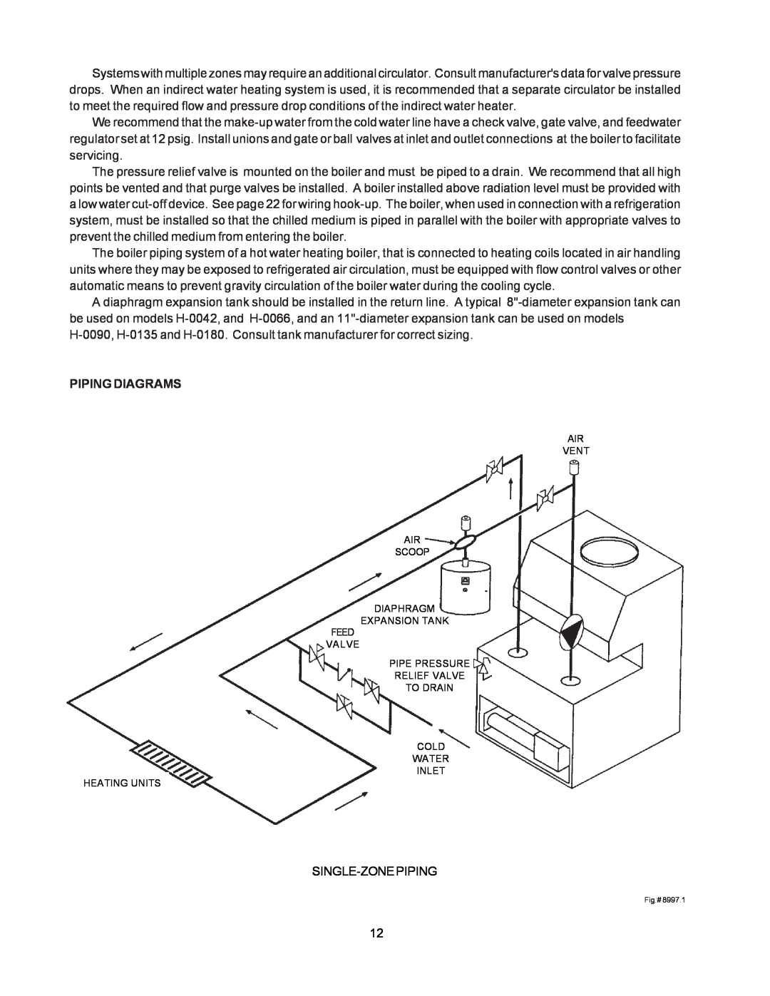 Raypak 0066B, 0180B, 0042B manual Piping Diagrams, Single-Zonepiping 