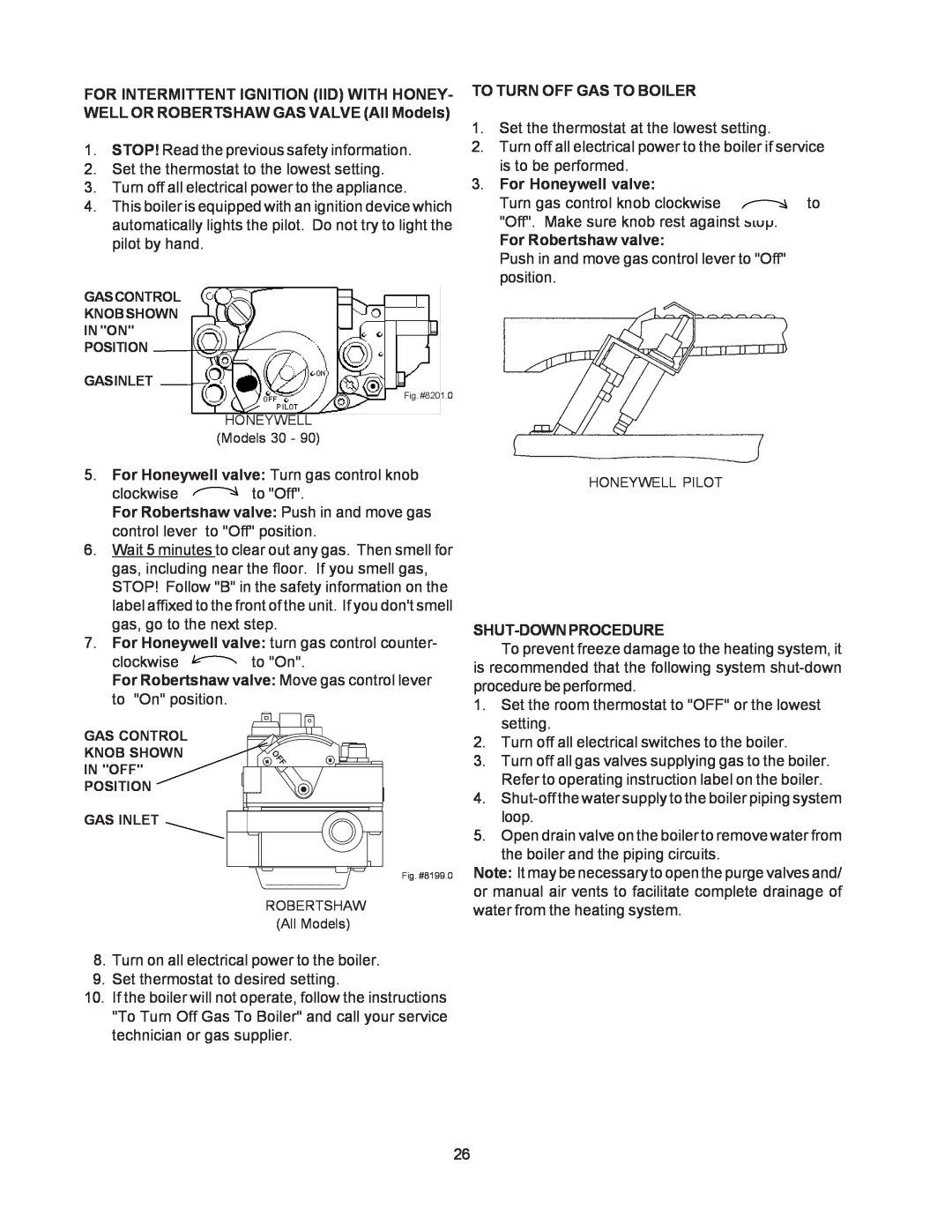 Raypak 0042B, 0066B, 0180B manual To Turn Off Gas To Boiler, For Honeywell valve, For Robertshaw valve, Shut-Downprocedure 