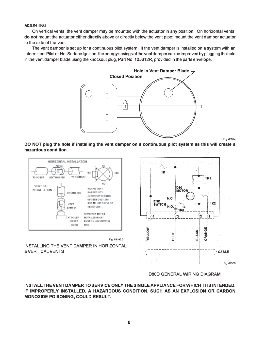 Raypak 0042B, 0066B, 0180B manual Hole in Vent Damper Blade Closed Position 