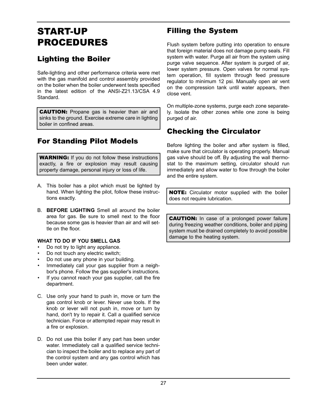 Raypak 0066B, 0180B, 0042B manual Start-Up Procedures, Lighting the Boiler, For Standing Pilot Models, Filling the System 