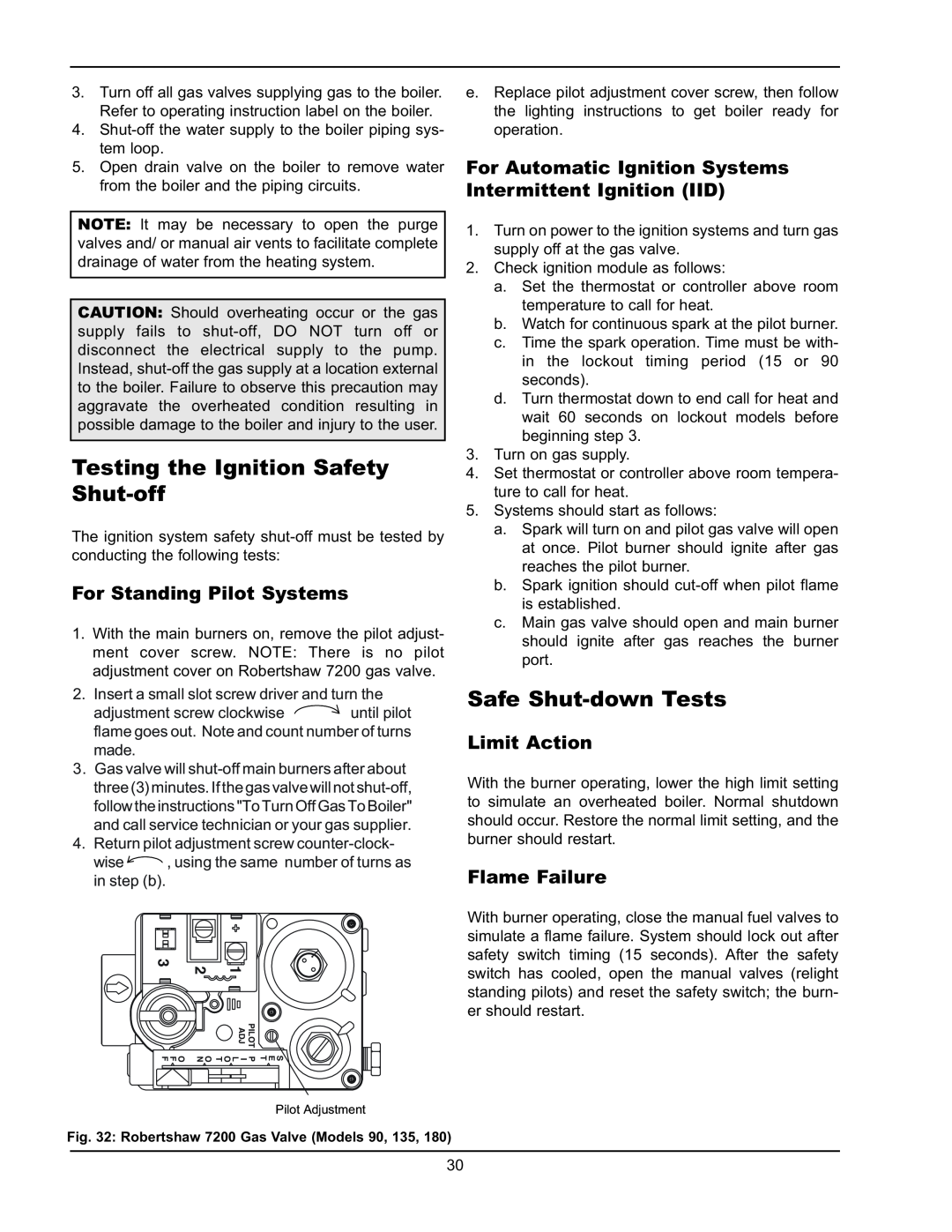 Raypak 0066B, 0180B Testing the Ignition Safety Shut-off, Safe Shut-downTests, For Standing Pilot Systems, Limit Action 