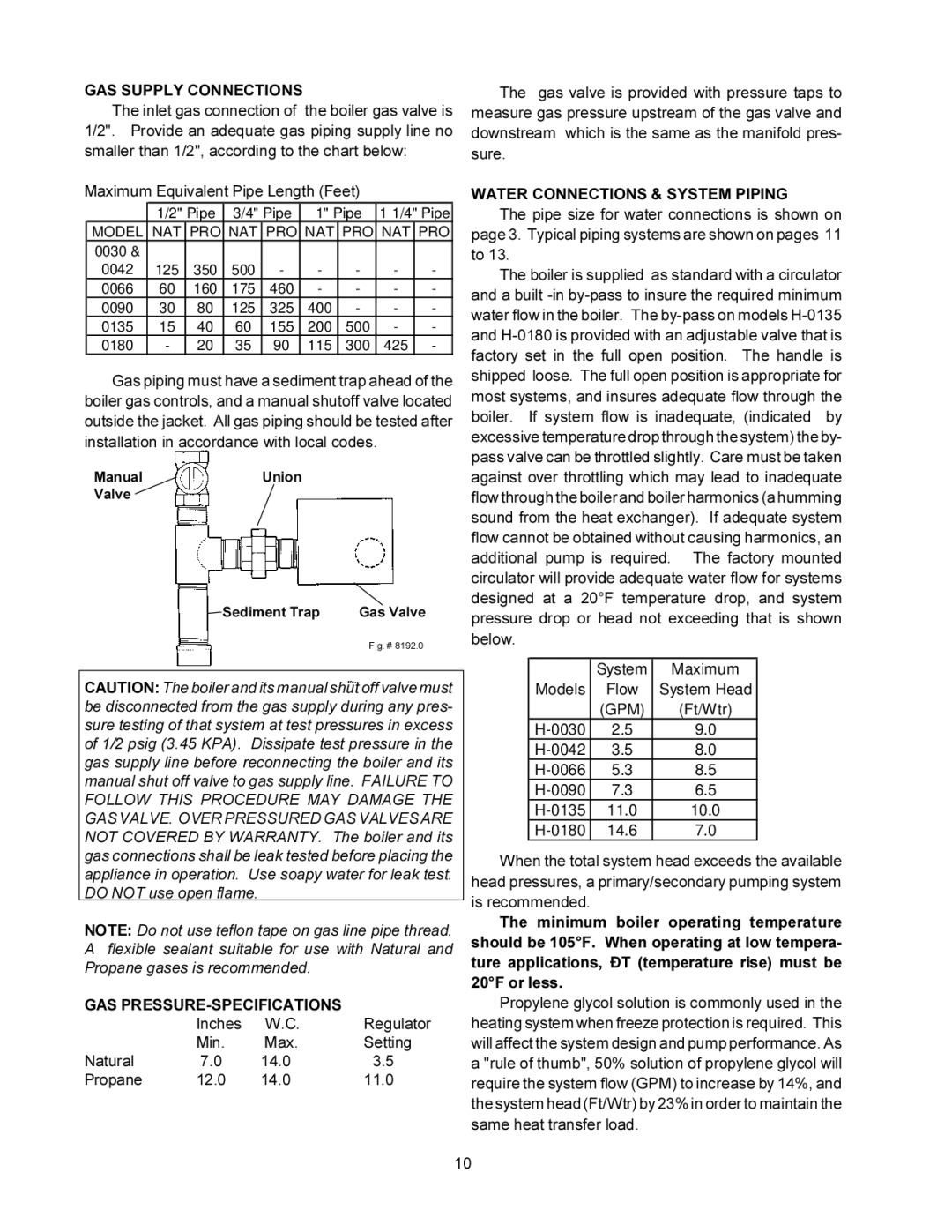 Raypak 0090B 0135B GAS Supply Connections, Gas Pressure-Specifications, Water Connections & System Piping 