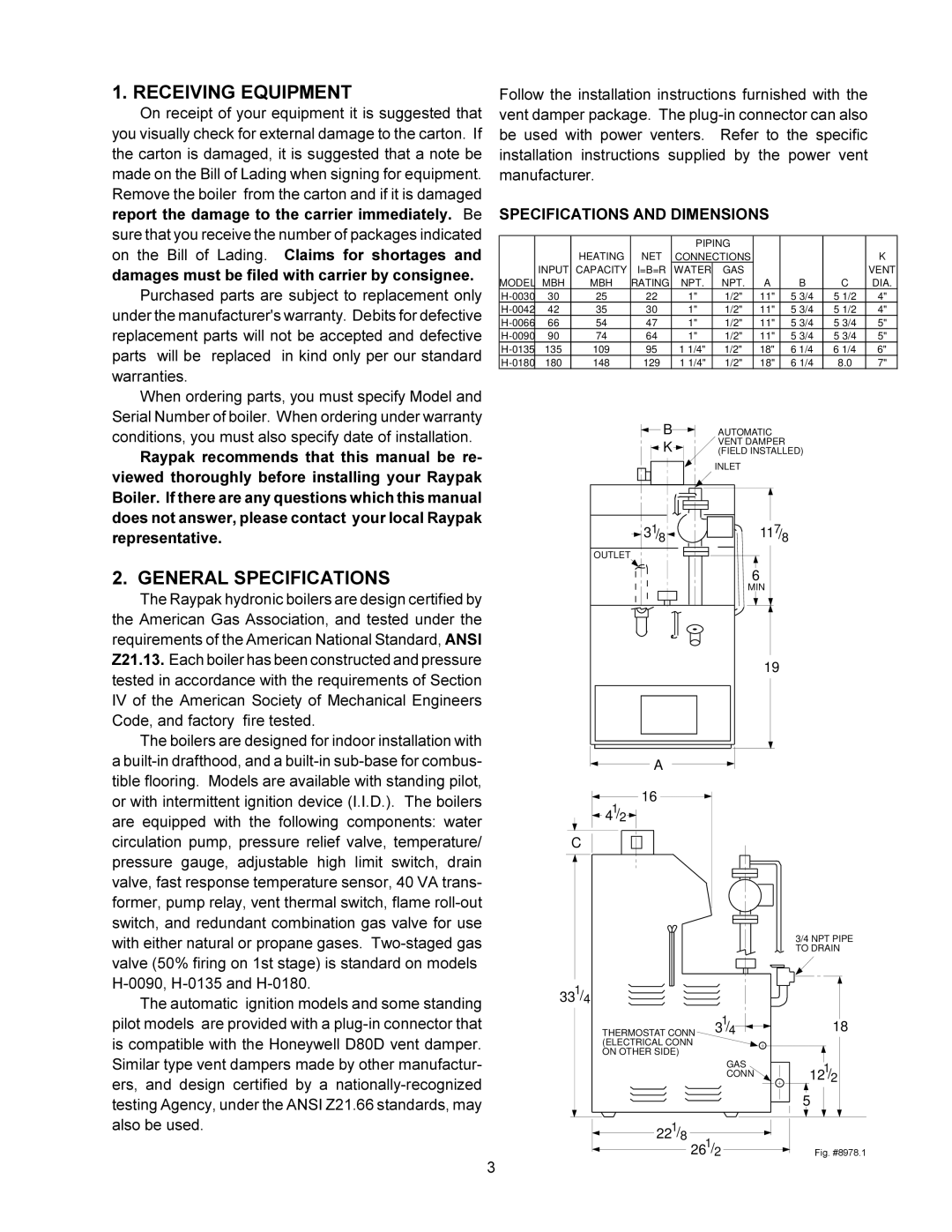 Raypak 0090B 0135B installation instructions Receiving Equipment, General Specifications, Specifications and Dimensions 