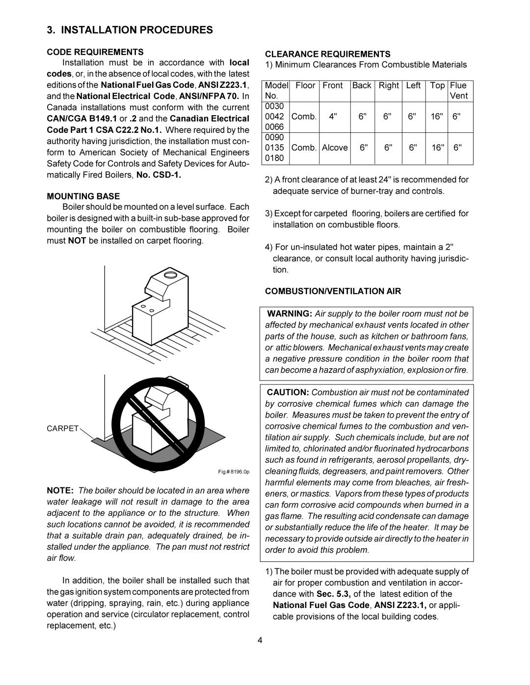 Raypak 0090B 0135B Installation Procedures, Code Requirements, Mounting Base, Clearance Requirements 