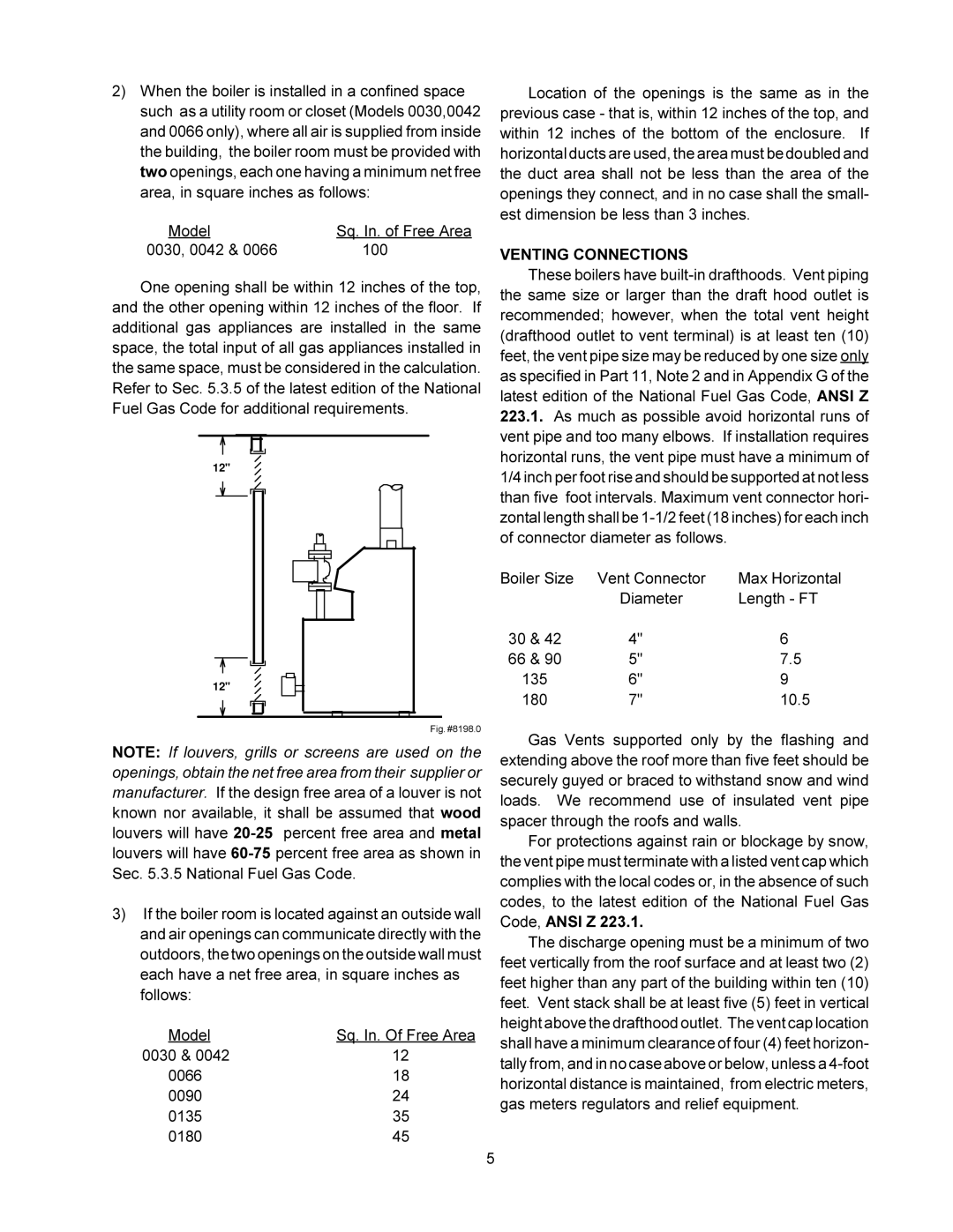 Raypak 0090B 0135B installation instructions Model Sq. In. of Free Area 0030, 0042 100, Venting Connections 