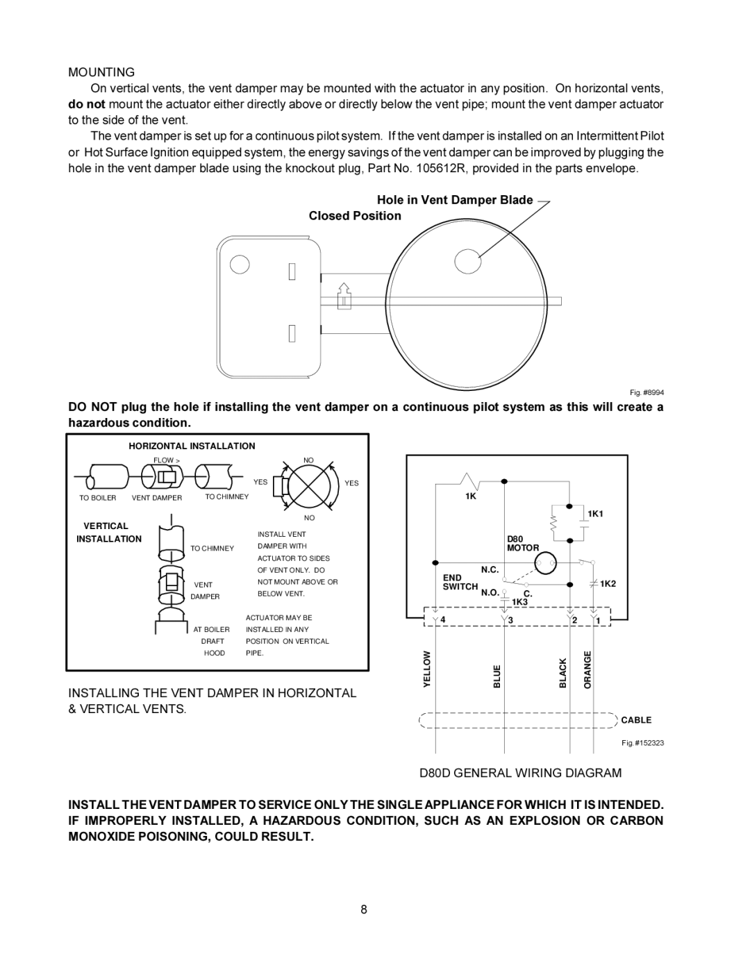 Raypak 0090B 0135B Mounting, Installing the Vent Damper in Horizontal & Vertical Vents, D80D General Wiring Diagram 