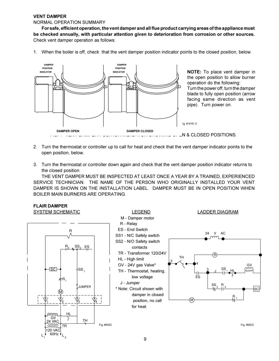 Raypak 0090B 0135B installation instructions Vent Damper, Flair Damper 