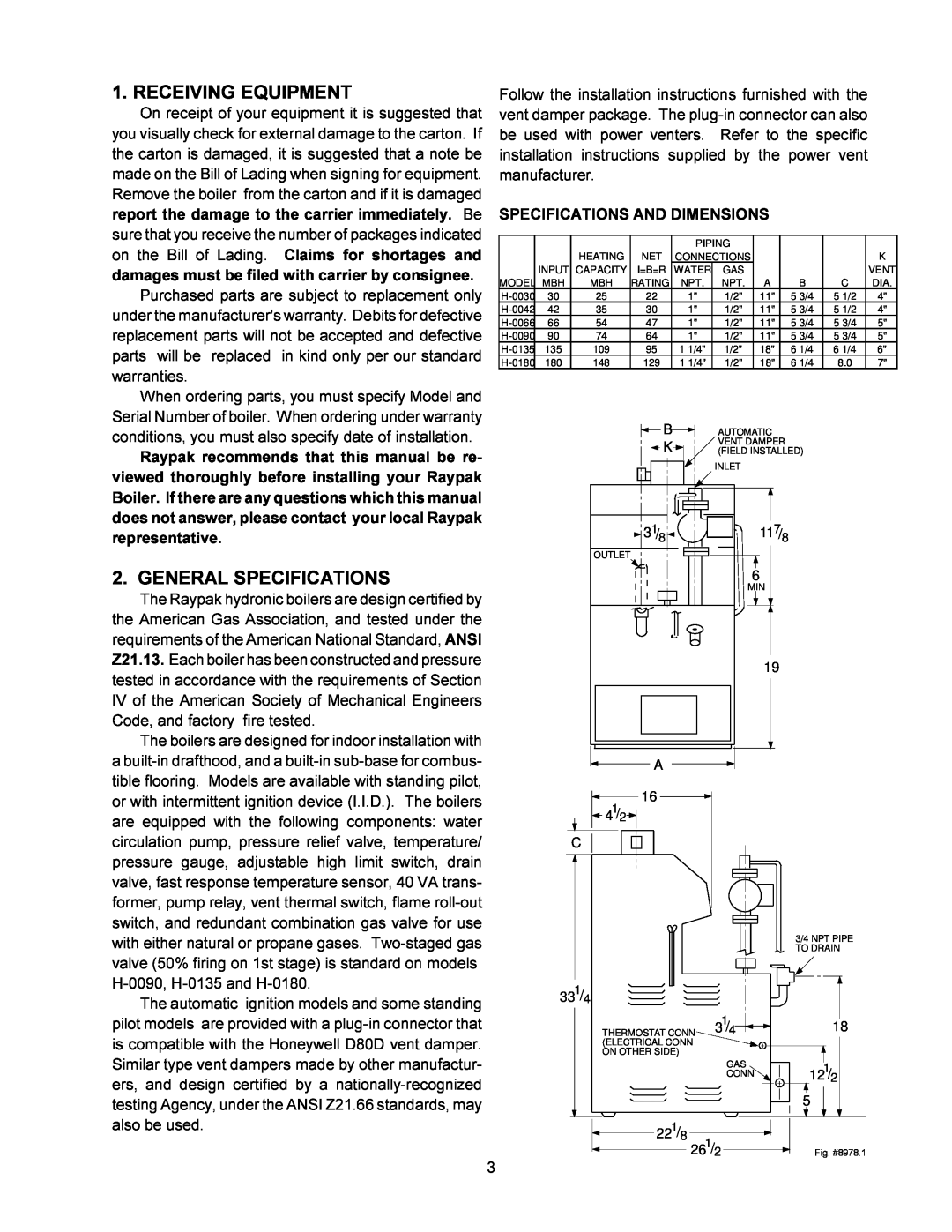 Raypak 0090B 0135B installation instructions Receiving Equipment, General Specifications, Specifications And Dimensions 
