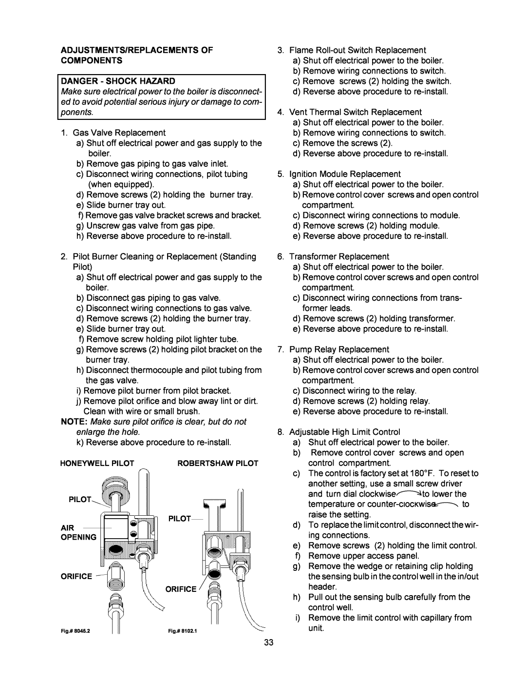 Raypak 0090B 0135B installation instructions Adjustments/Replacements Of Components, Danger - Shock Hazard 