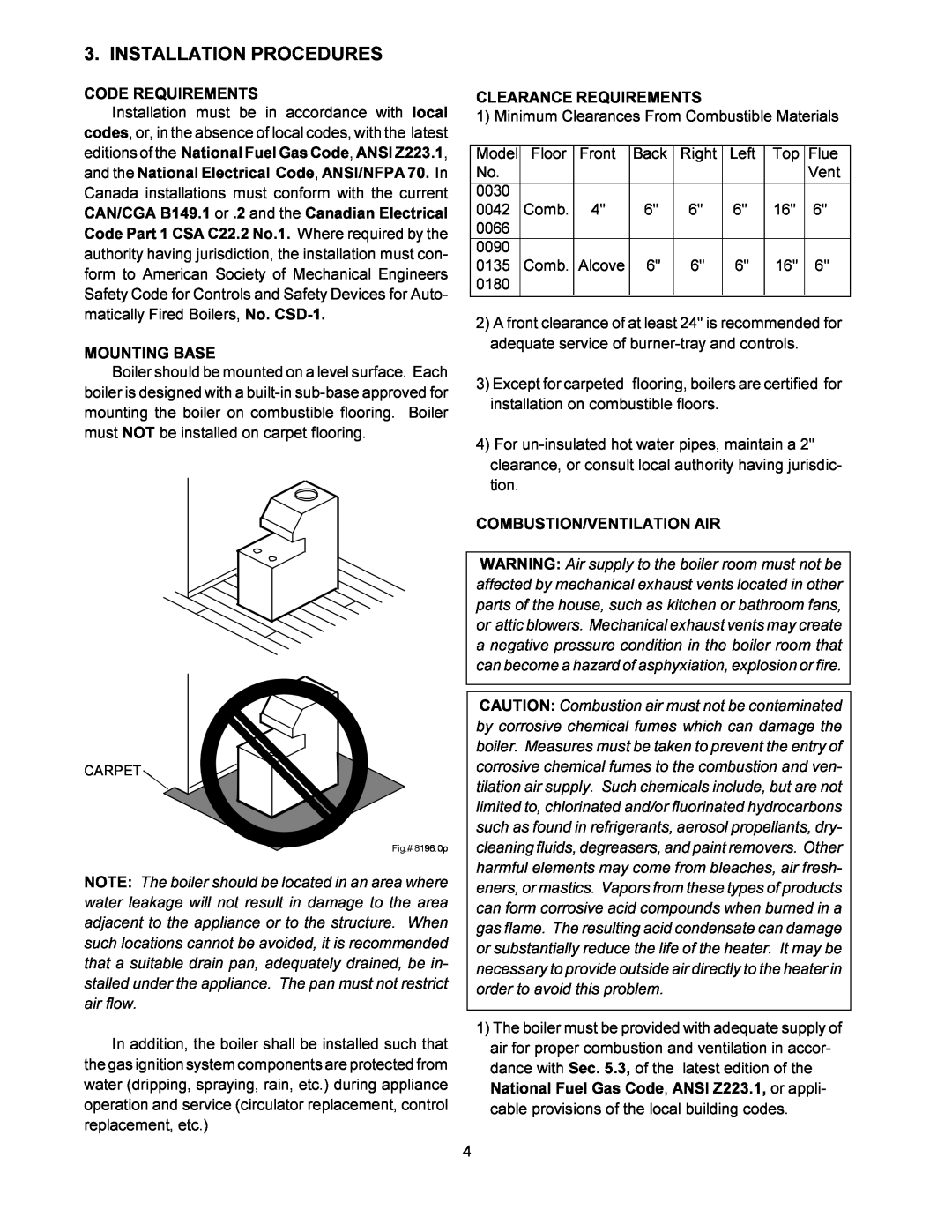 Raypak 0090B 0135B Installation Procedures, Code Requirements, Mounting Base, Clearance Requirements 
