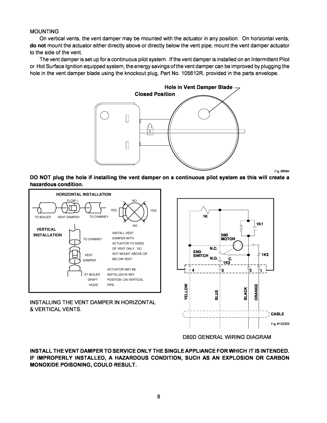 Raypak 0090B 0135B installation instructions Hole in Vent Damper Blade Closed Position 