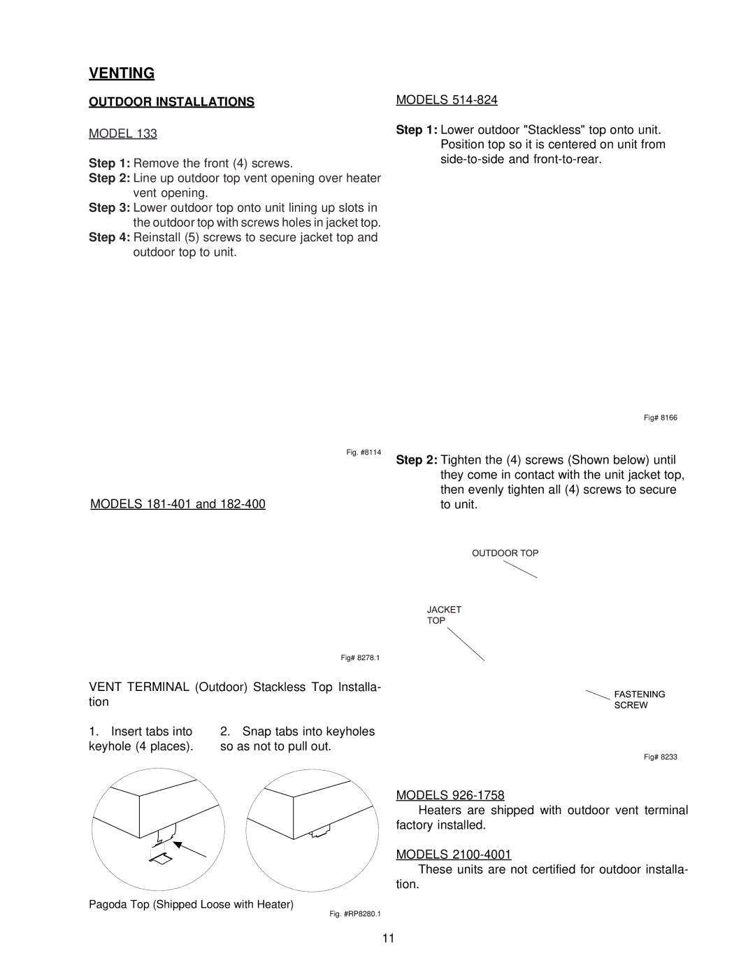 Raypak 0133-4001 manual Venting, Outdoor Installations 