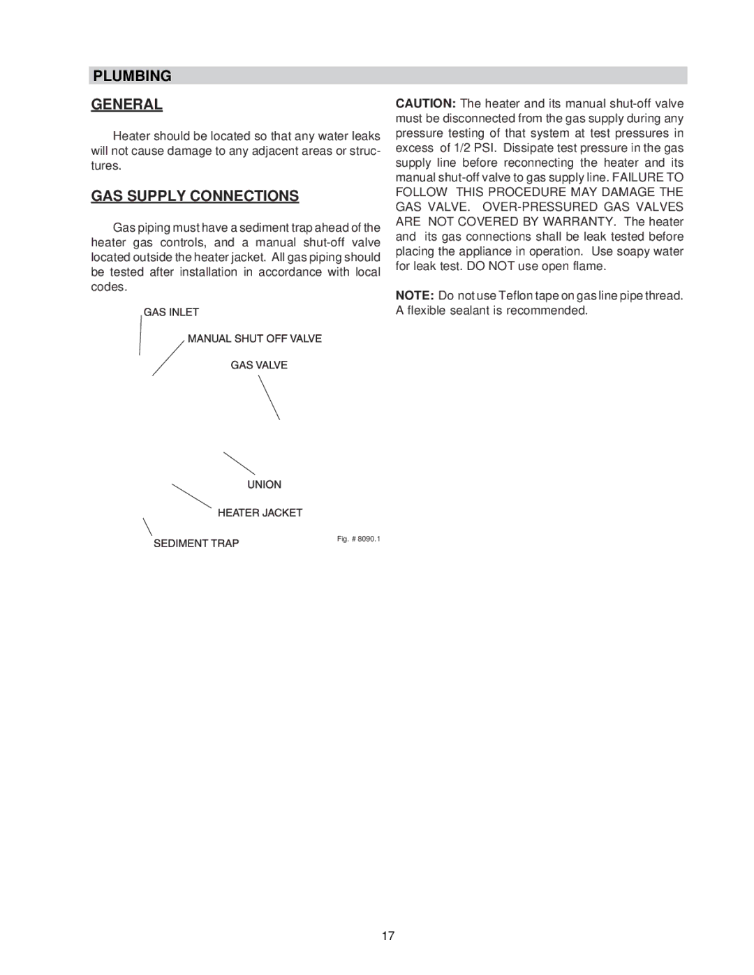 Raypak 0133-4001 manual Plumbing, General, GAS Supply Connections 