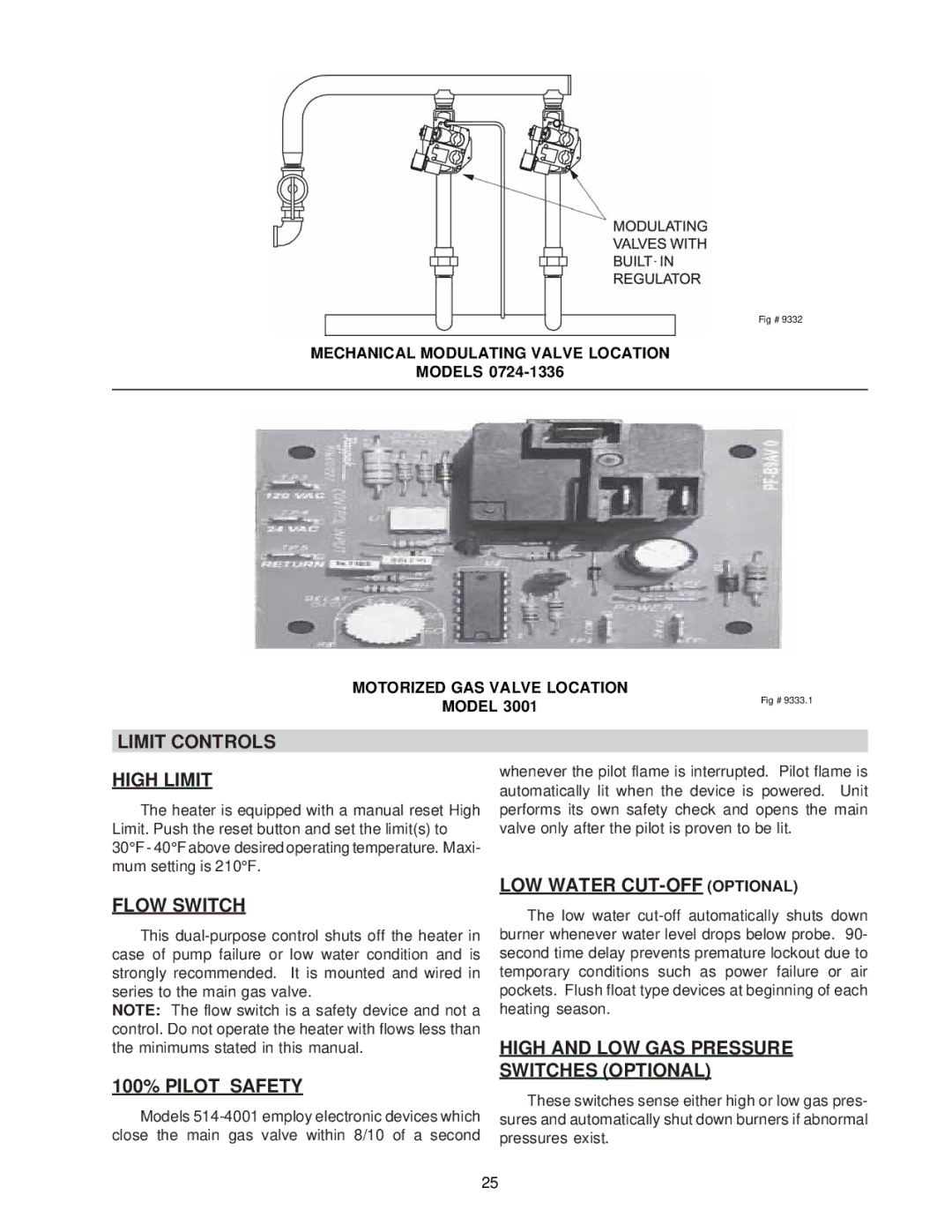 Raypak 0133-4001 manual Limit Controls High Limit, Flow Switch, 100% Pilot Safety, LOW Water CUT-OFF Optional 