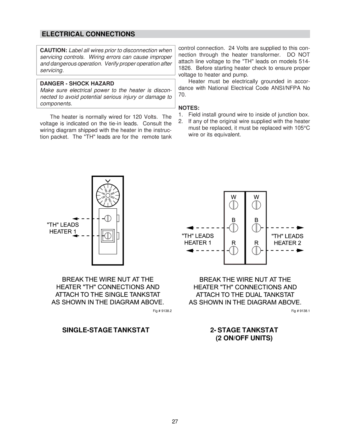 Raypak 0133-4001 manual Electrical Connections, SINGLE-STAGE Tankstat, ON/OFF Units 