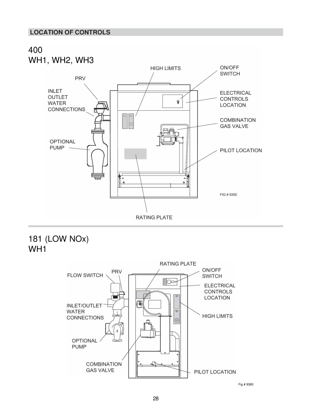 Raypak 0133-4001 manual 400 WH1, WH2, WH3 LOW NOx WH1, Location of Controls 