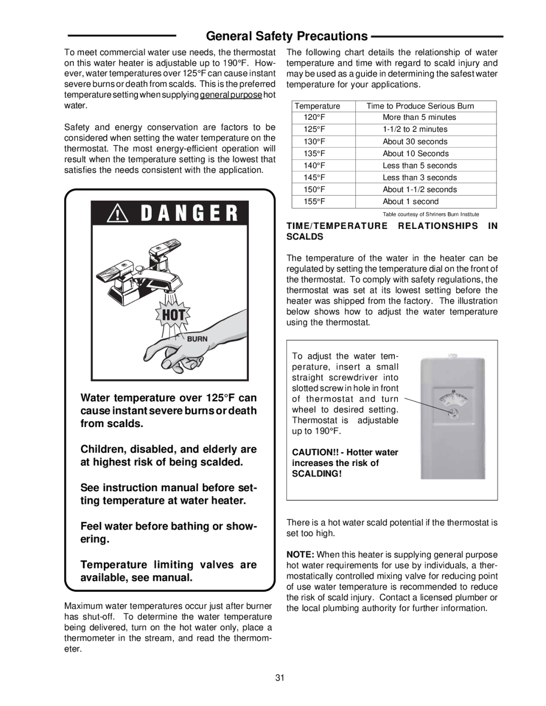 Raypak 0133-4001 manual TIME/TEMPERATURE Relationships in Scalds, Scalding 