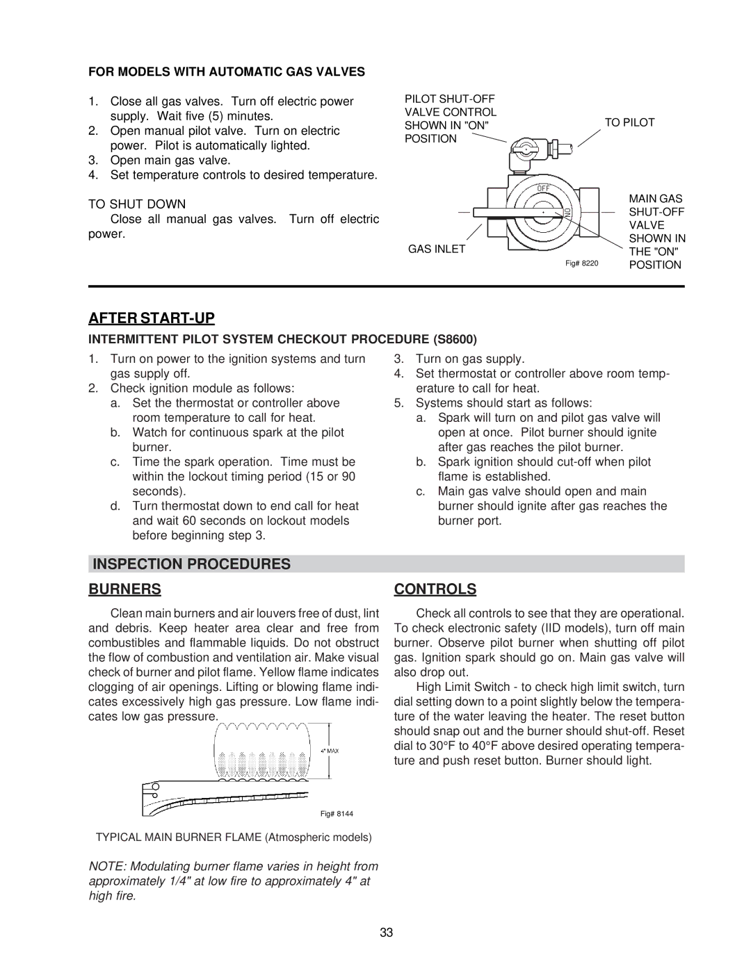 Raypak 0133-4001 manual After START-UP, Inspection Procedures Burners, Controls, For Models with Automatic GAS Valves 