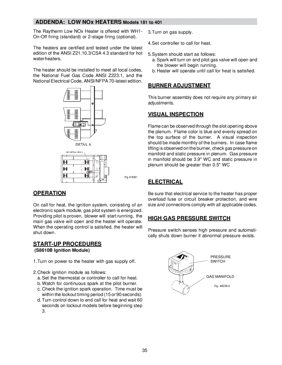 Raypak 0133-4001 manual Burner Adjustment, Visual Inspection, Operation, Electrical, High GAS Pressure Switch 