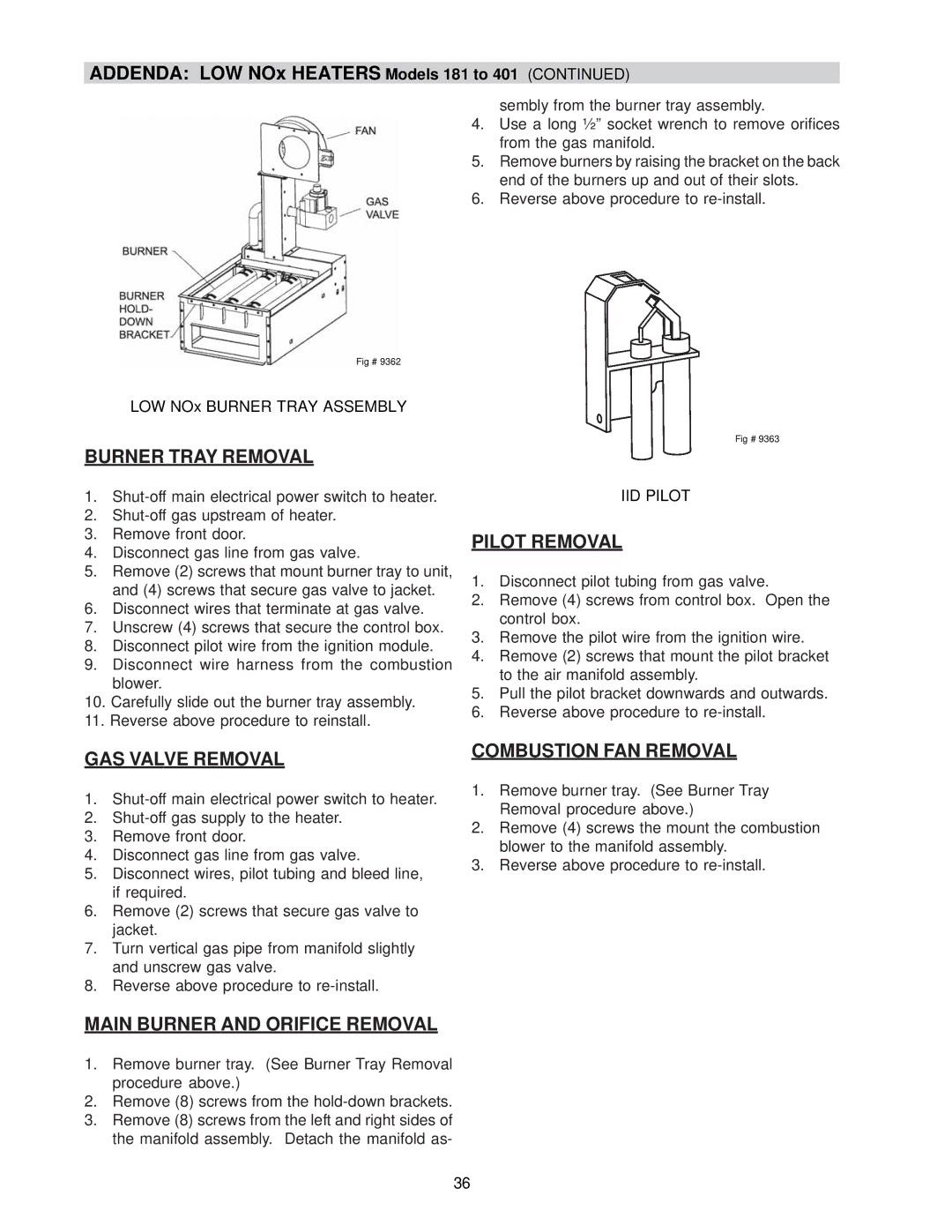 Raypak 0133-4001 manual Burner Tray Removal, Pilot Removal, GAS Valve Removal, Main Burner and Orifice Removal 