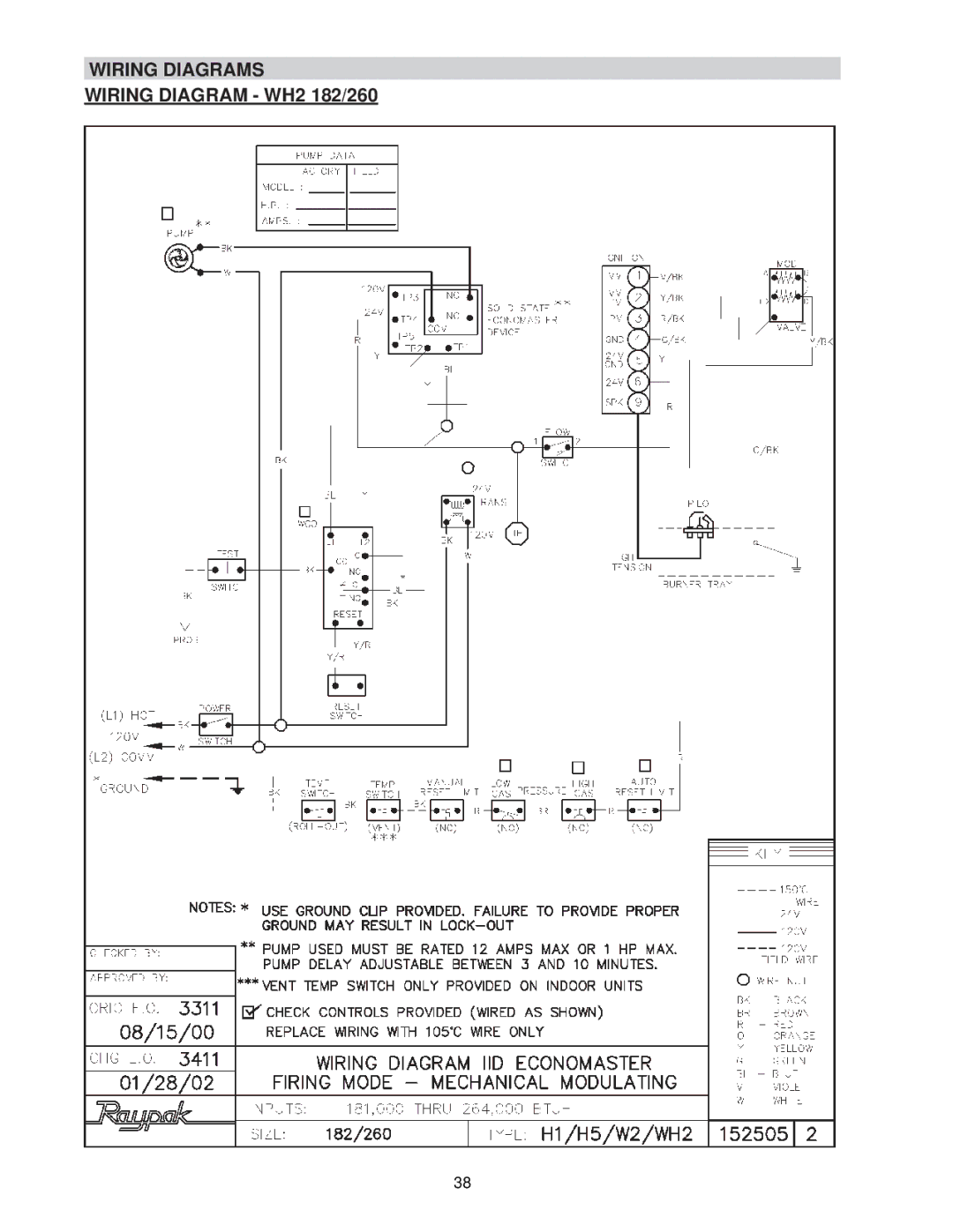 Raypak 0133-4001 manual Wiring Diagrams Wiring Diagram WH2 182/260 