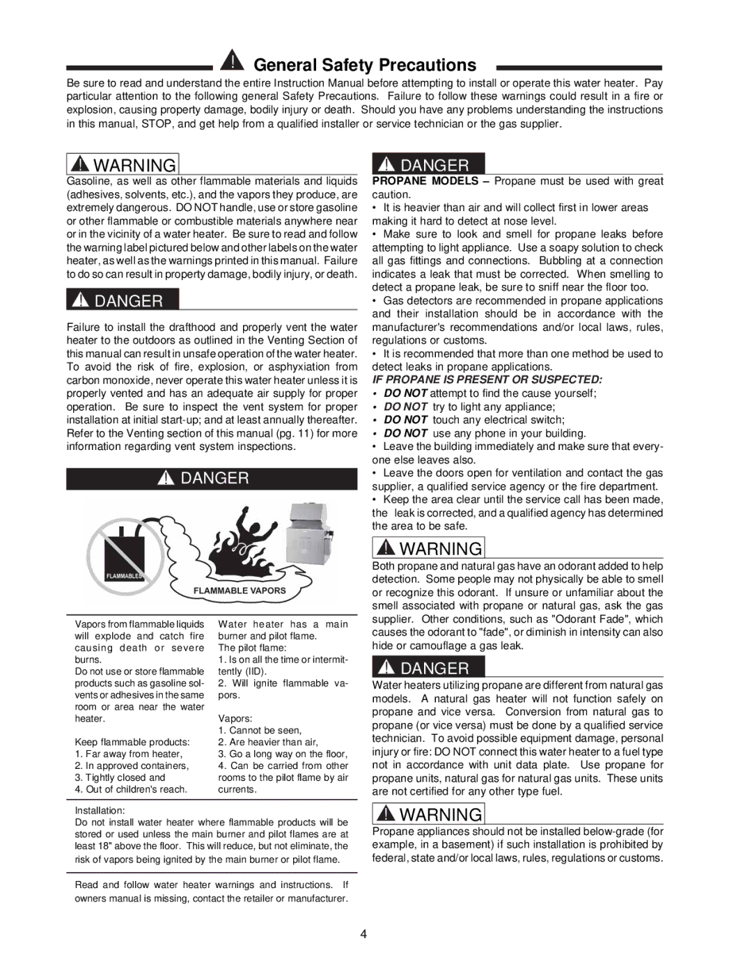 Raypak 0133-4001 manual General Safety Precautions 