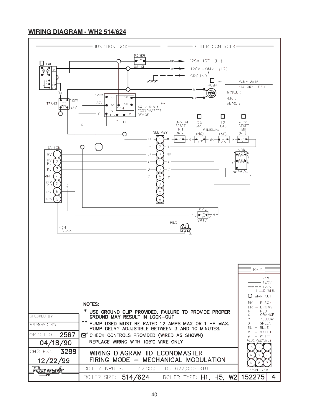 Raypak 0133-4001 manual Wiring Diagram WH2 514/624 