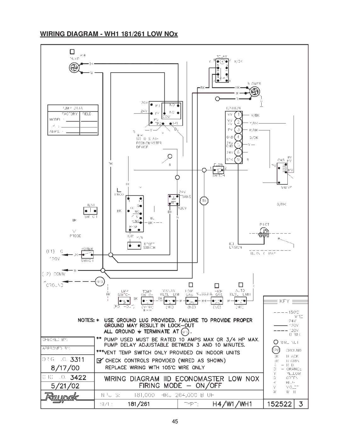 Raypak 0133-4001 manual Wiring Diagram WH1 181/261 LOW NOx 