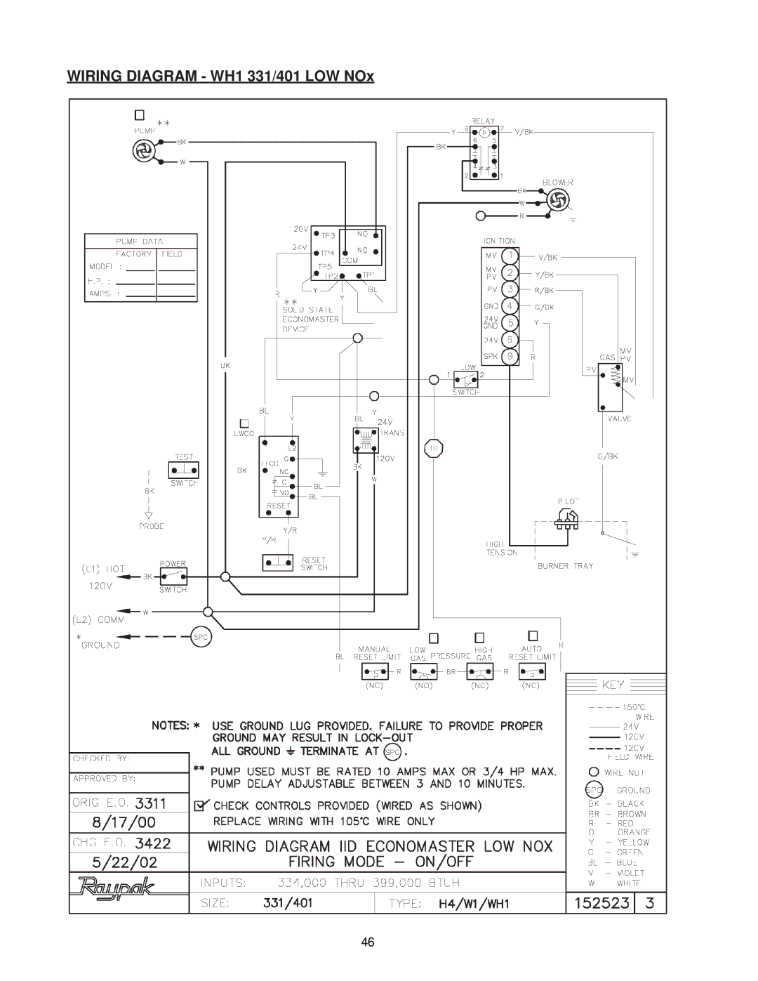 Raypak 0133-4001 manual Wiring Diagram WH1 331/401 LOW NOx 