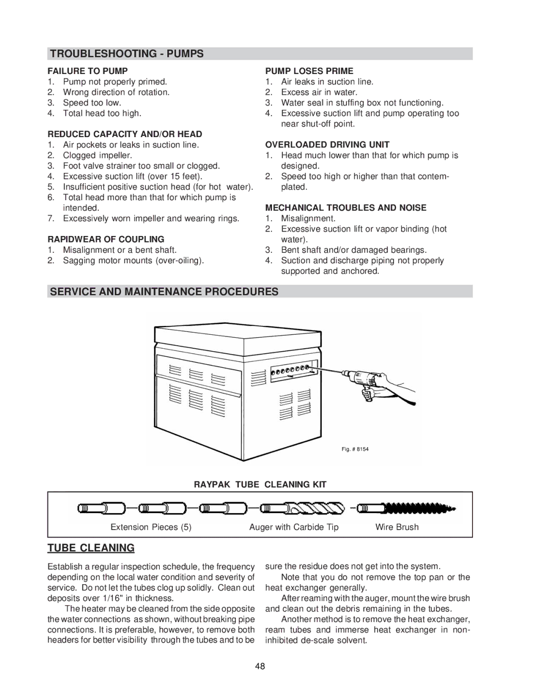 Raypak 0133-4001 manual Troubleshooting Pumps, Service and Maintenance Procedures, Tube Cleaning 