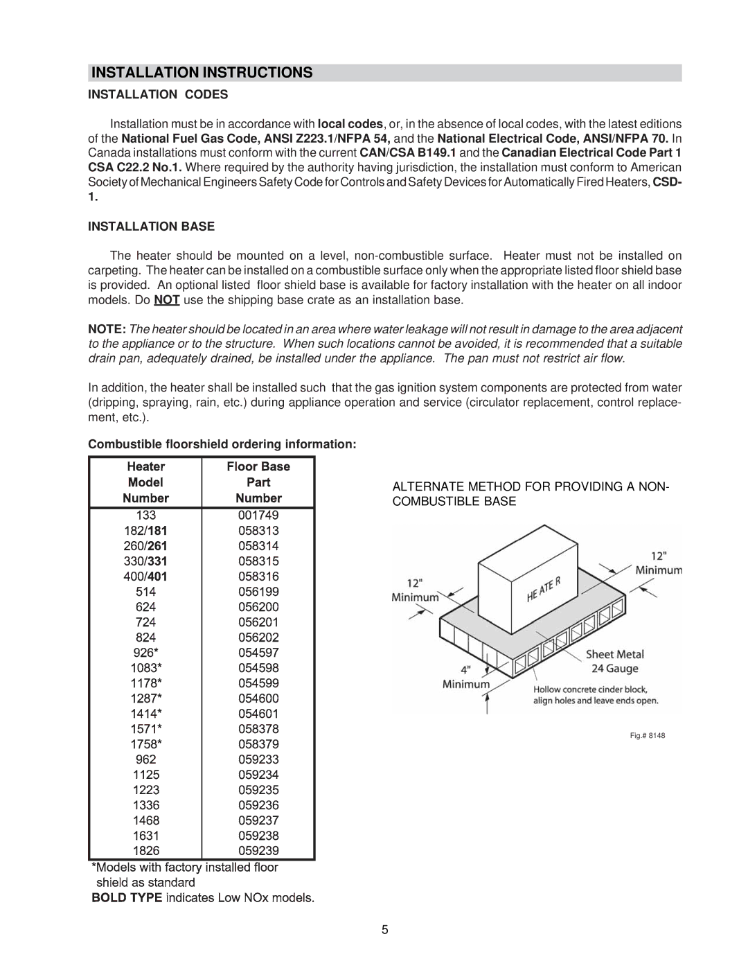 Raypak 0133-4001 manual Installation Instructions, Installation Codes 