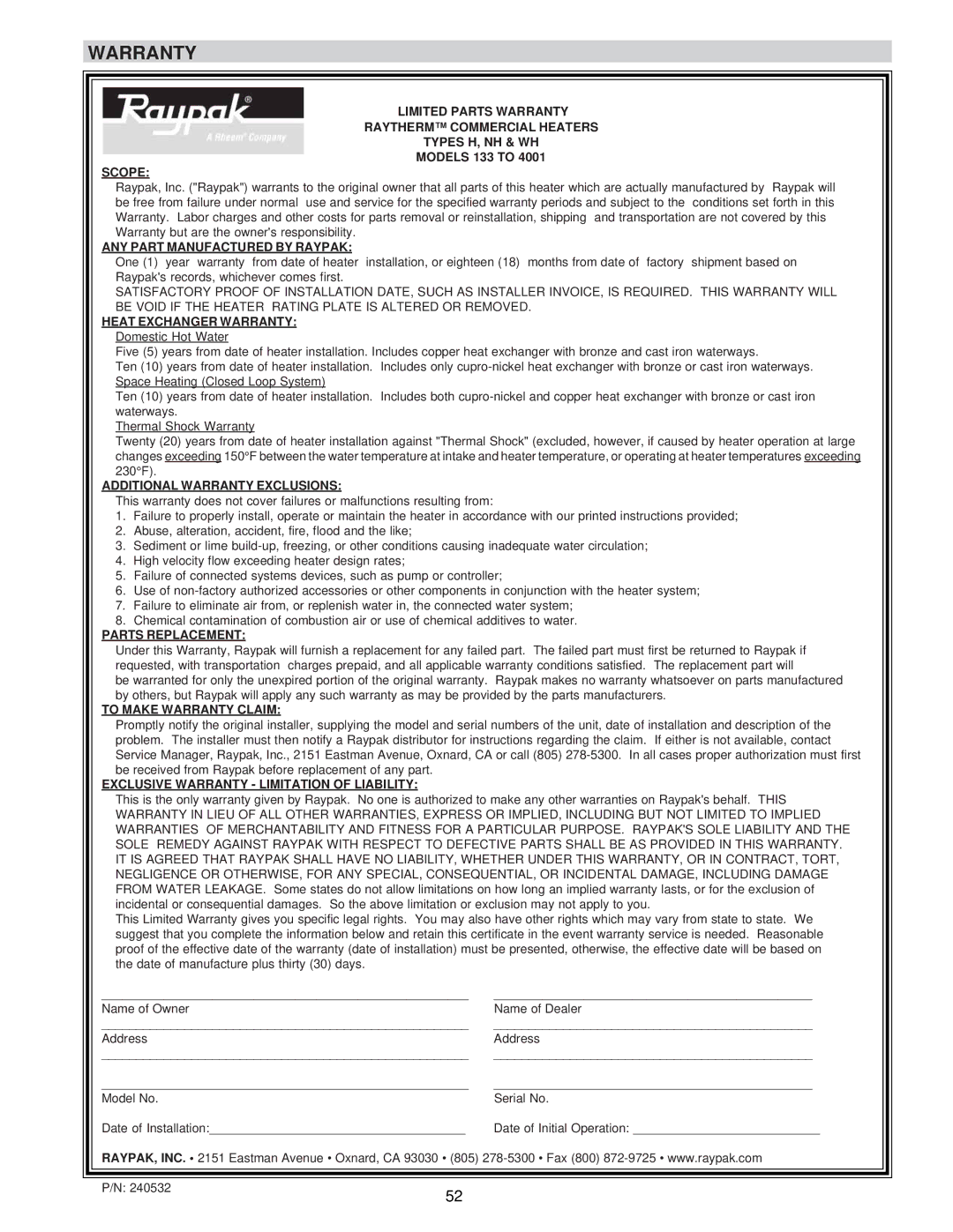 Raypak 0133-4001 manual Warranty, Scope 