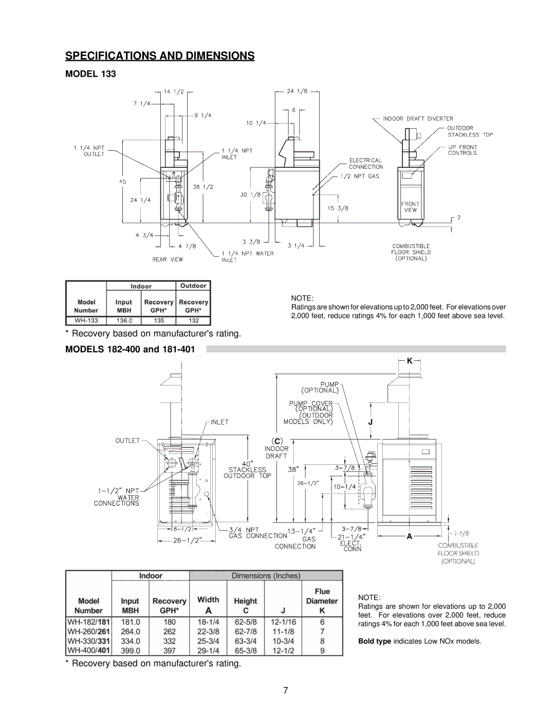 Raypak 0133-4001 manual Specifications and Dimensions, Model 