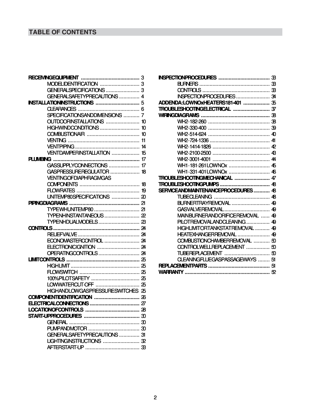 Raypak 0133-4001 manual Table Of Contents 