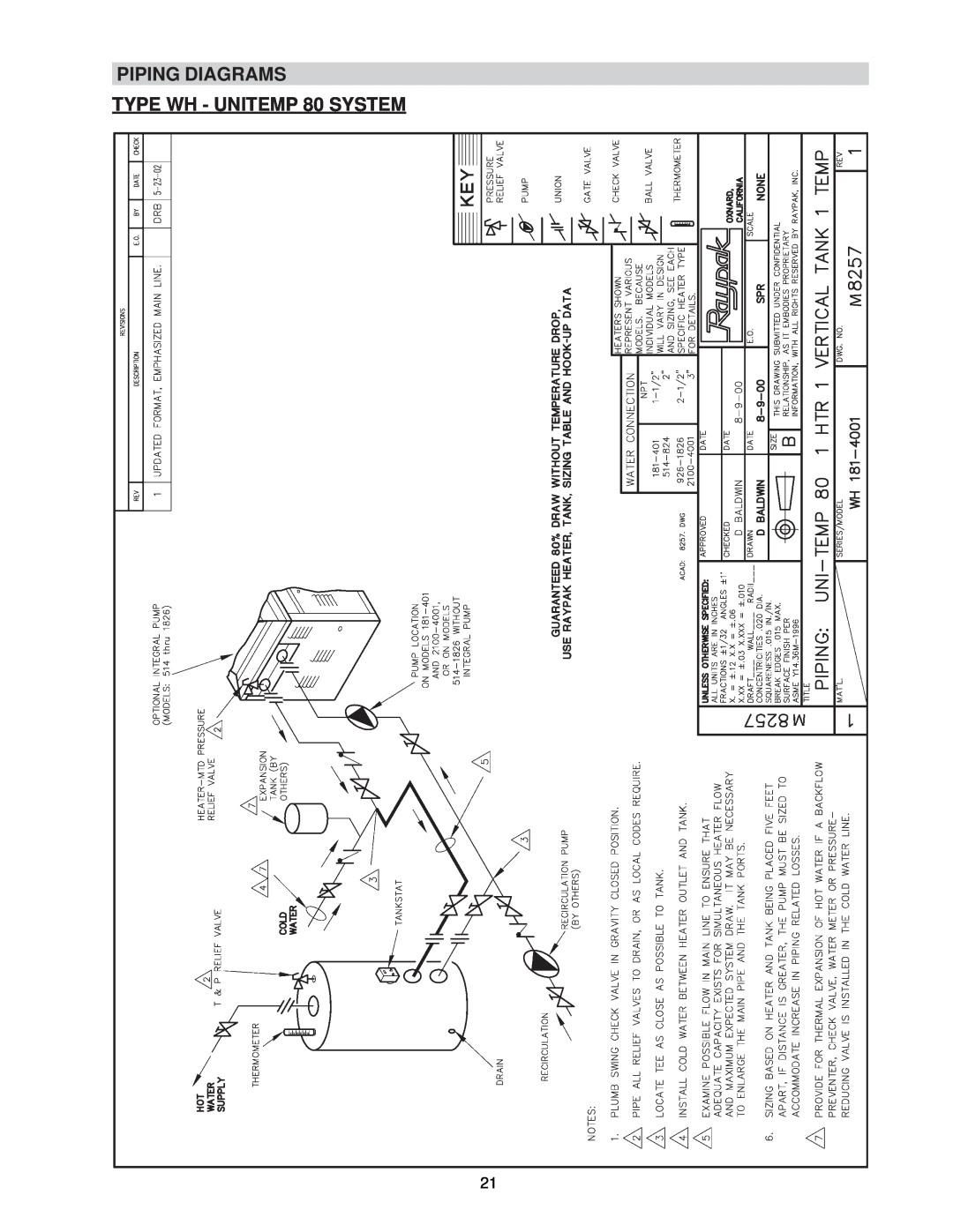Raypak 0133-4001 manual PIPING DIAGRAMS TYPE WH - UNITEMP 80 SYSTEM 