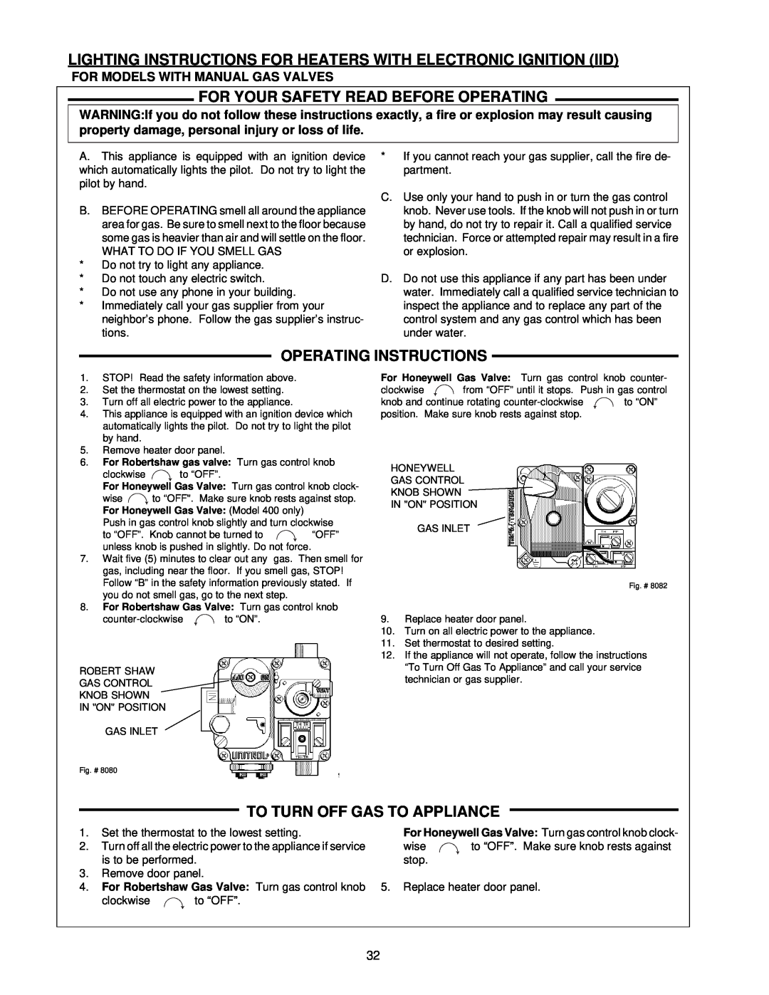 Raypak 0133-4001 manual For Your Safety Read Before Operating, Operating Instructions, To Turn Off Gas To Appliance 