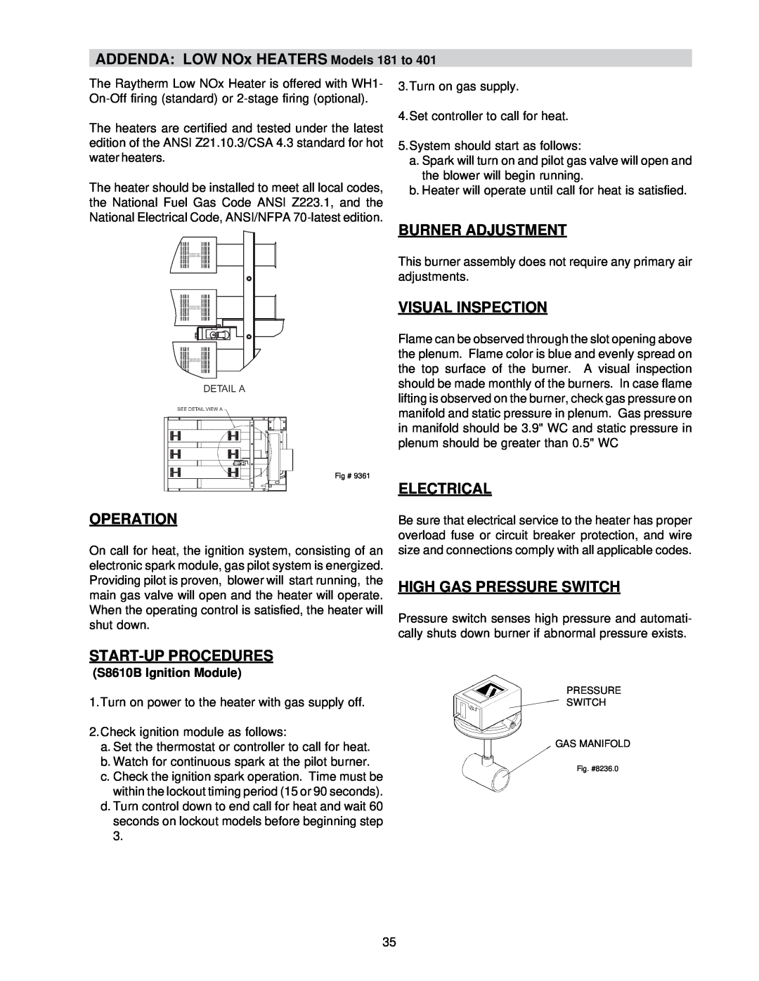 Raypak 0133-4001 manual ADDENDA LOW NOx HEATERS Models 181 to, Burner Adjustment, Visual Inspection, Operation, Electrical 